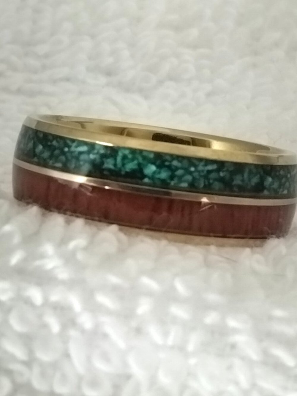 Size 12 Gold Stainless Steel Wedding Band – Green & Wood Inlay